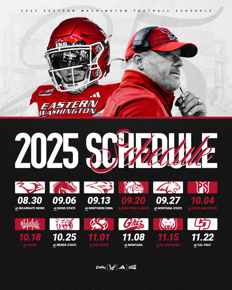 EWUFootball's tweet image. The Eagles' 2025 schedule is set!
DETAILS 📰 loom.ly/2fW4as8
#GoEags #EKG #BigSkyFB #spokane