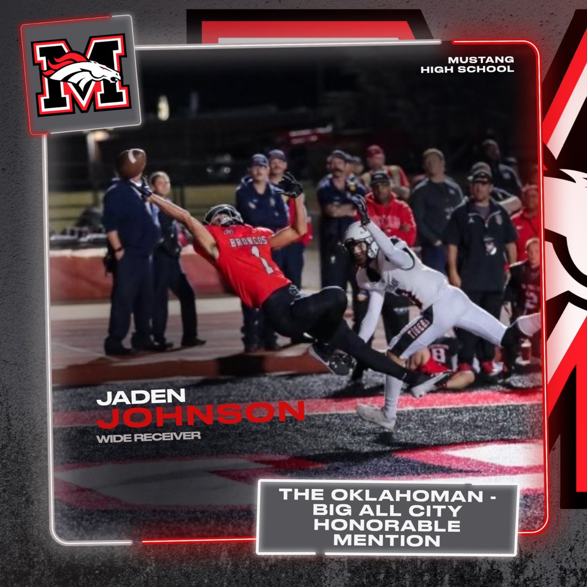 Mustang Football (@1broncofootball) on Twitter photo Congratulations to <a href="/JadenJohnson_03/">Jaden Johnson</a> <a href="/TheOklahoman_/">The Oklahoman</a> All Big City Honorable Mention. #WeAreMustang Congratulations to <a href="/JadenJohnson_03/">Jaden Johnson</a> <a href="/TheOklahoman_/">The Oklahoman</a> All Big City Honorable Mention. #WeAreMustang