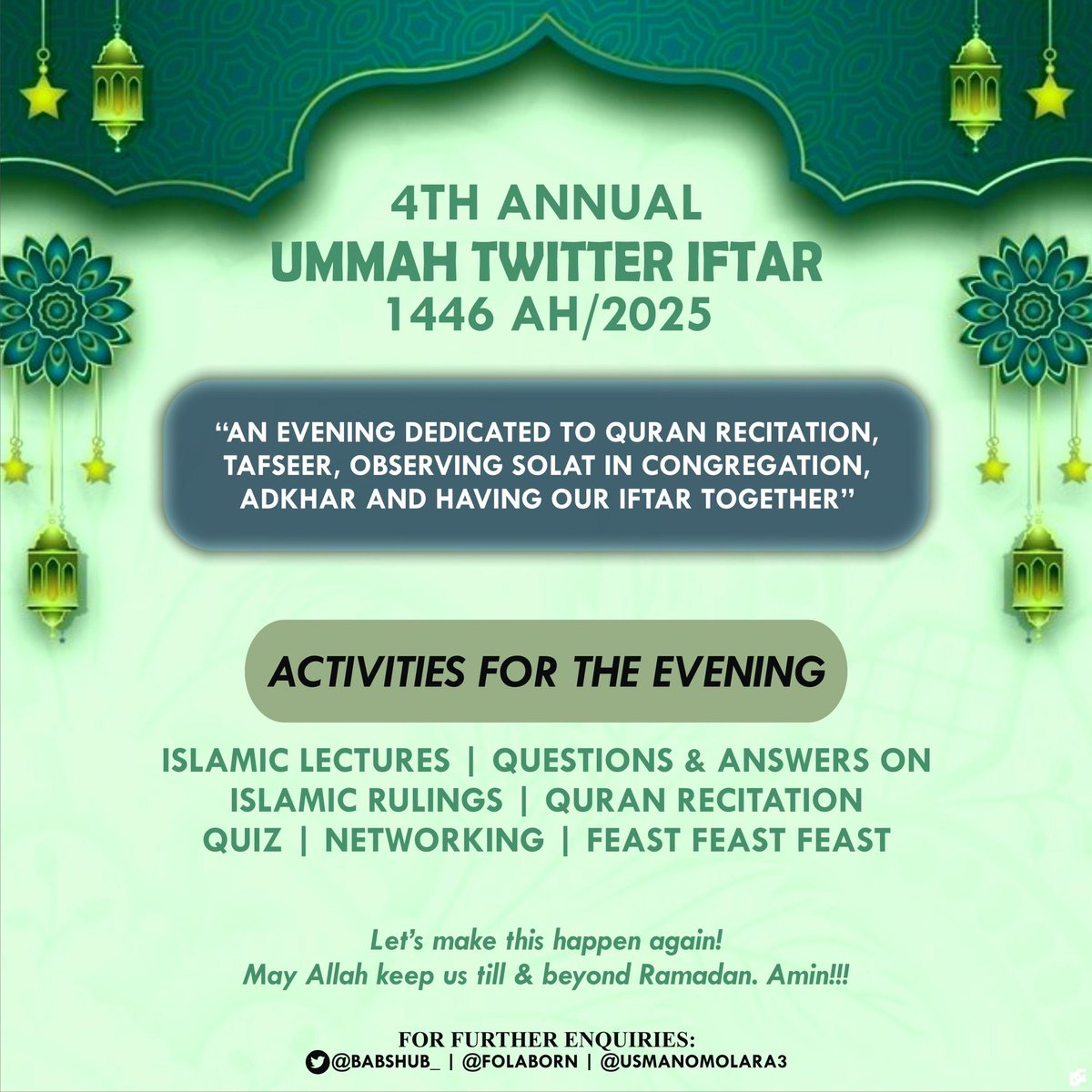 Asalam Alaikum Waramotullahi wabarakatu 🌙✨ 

Support this year's #UmmahTwitterIftar program by donating.

Your contributions will help provide meals and bring smiles to many. May Allah reward your generosity abundantly. 🤲 

0086541476
Sterling Bank

Kindly Retweet