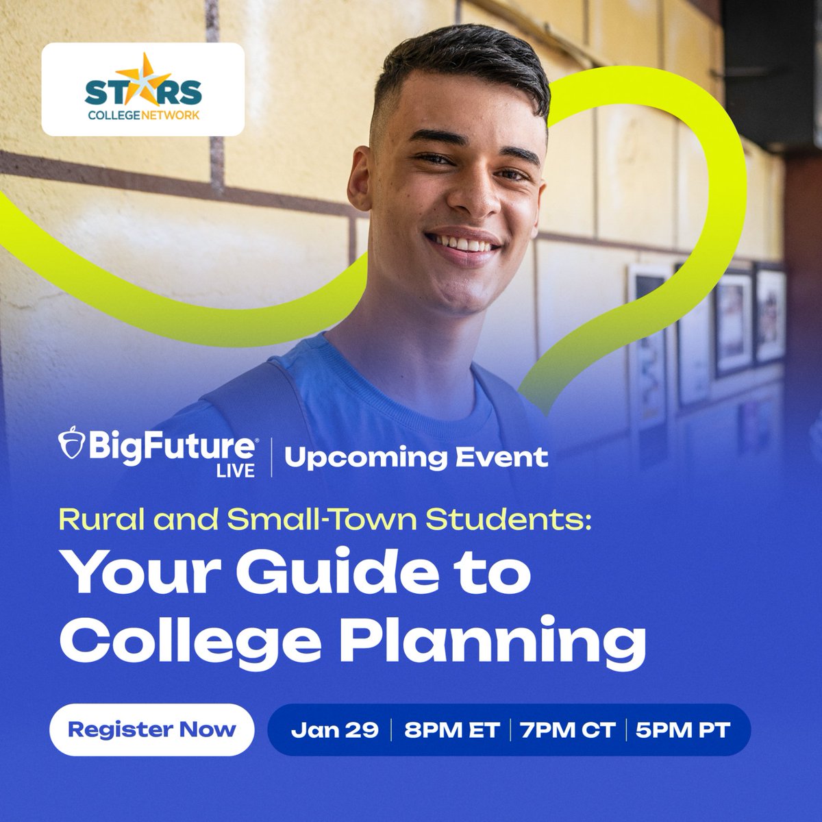 Take the next step towards your college dreams with #BigFuture Live! 🌟

Join us &amp; <a href="/STARSCollegeNet/">STARS College Network</a> on Jan. 29 for a special event tailored for rural &amp; small-town students. Learn about college planning from reps <a href="/Yale/">Yale University</a>, <a href="/Caltech/">Caltech</a>, &amp; <a href="/UArkansas/">University of Arkansas</a>.

🔗 Register: spr.ly/6010avshm