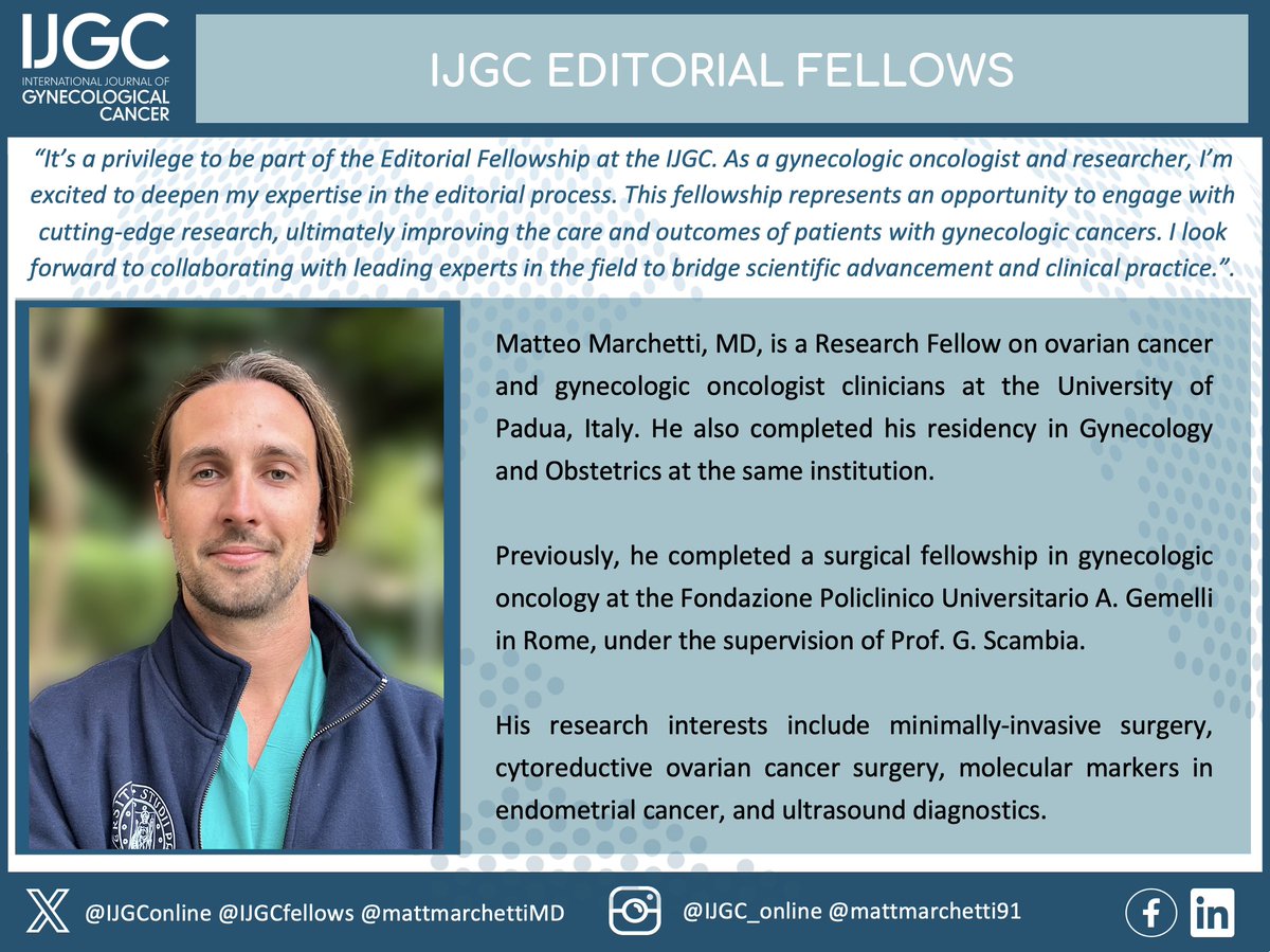 IJGC (@ijgconline) on Twitter photo Today, we are thrilled to welcome Matteo Marchetti <a href="/mattmarchettiMD/">Matteo Marchetti</a> from the University of Padua, Italy 🇮🇹, as one of our new #EditorialFellows.
Excited to have him on board!👋
<a href="/pedroramirezMD/">Pedro T Ramirez</a> <a href="/HsuMd/">Arthur_HC_Hsu</a> <a href="/JayrajAarthi/">Aarthi S Jayraj</a> <a href="/AndreFernandes2/">Andreina Fernandes</a> <a href="/IGCSociety/">IGCS</a> <a href="/ESGO_society/">ESGO</a> <a href="/ENYGO_official/">European Network of Young Gynae Oncologists</a> Today, we are thrilled to welcome Matteo Marchetti <a href="/mattmarchettiMD/">Matteo Marchetti</a> from the University of Padua, Italy 🇮🇹, as one of our new #EditorialFellows.
Excited to have him on board!👋
<a href="/pedroramirezMD/">Pedro T Ramirez</a> <a href="/HsuMd/">Arthur_HC_Hsu</a> <a href="/JayrajAarthi/">Aarthi S Jayraj</a> <a href="/AndreFernandes2/">Andreina Fernandes</a> <a href="/IGCSociety/">IGCS</a> <a href="/ESGO_society/">ESGO</a> <a href="/ENYGO_official/">European Network of Young Gynae Oncologists</a>