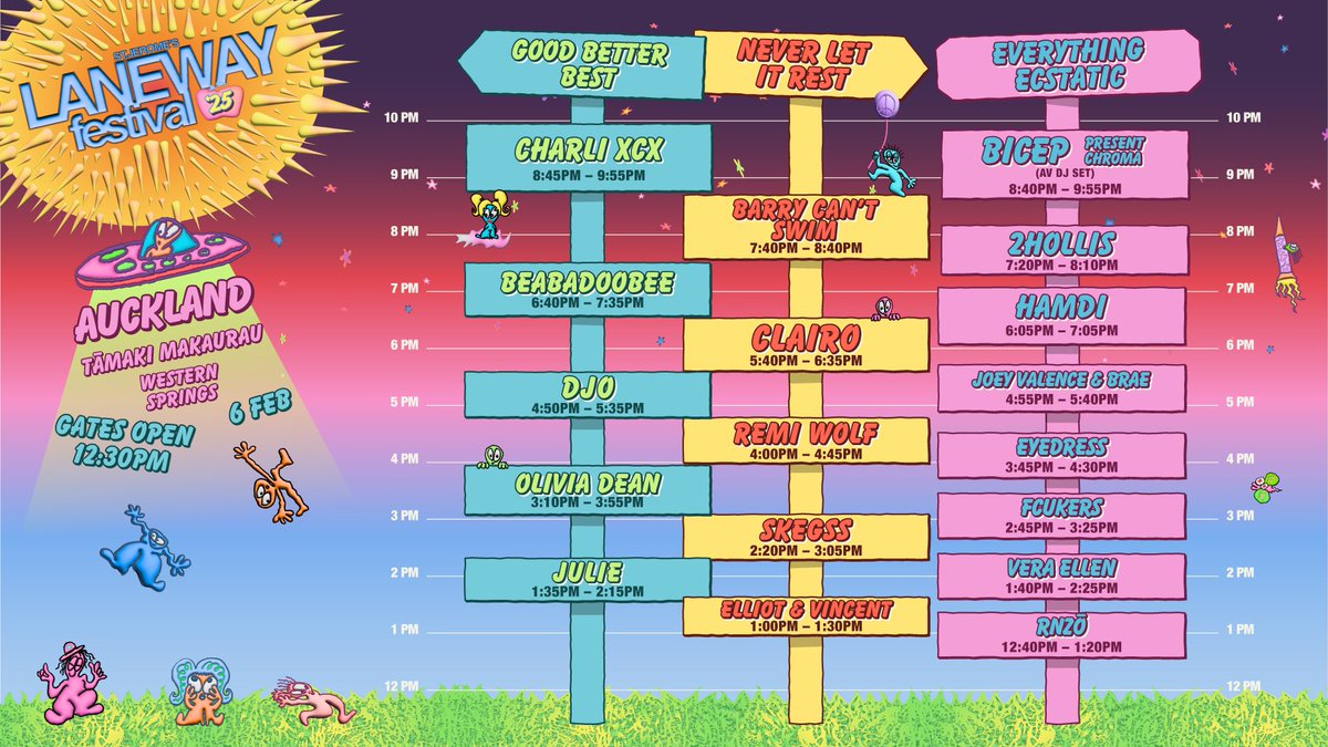 Here are your #Laneway2025 playing times! Start planning your festival day 👩‍💻

Reminder that you have until 10am tomorrow to lock in 3rd release ticket prices before tickets increase to 4th release pricing - get tickets now here: premier.ticketek.co.nz/shows/show.asp… 🎟️