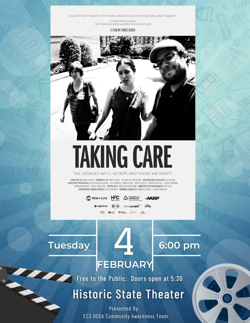 The <a href="/HCSEC3/">HCSEC3</a> HOSA Team is presenting a screening of Taking Care, a powerful documentary that highlights the challenges of early-onset Alzheimer's disease. There will also be a discussion on brain health at all ages.  Watch a trailer here ... youtube.com/watch?v=jtEFrB…