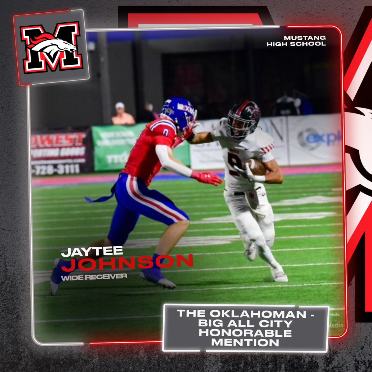 Mustang Football (@1broncofootball) on Twitter photo Congratulations to <a href="/JayteeJohnson_2/">Jaytee Johnson</a>. <a href="/TheOklahoman_/">The Oklahoman</a> All Big City Honorable Mention. #WeAreMustang Congratulations to <a href="/JayteeJohnson_2/">Jaytee Johnson</a>. <a href="/TheOklahoman_/">The Oklahoman</a> All Big City Honorable Mention. #WeAreMustang