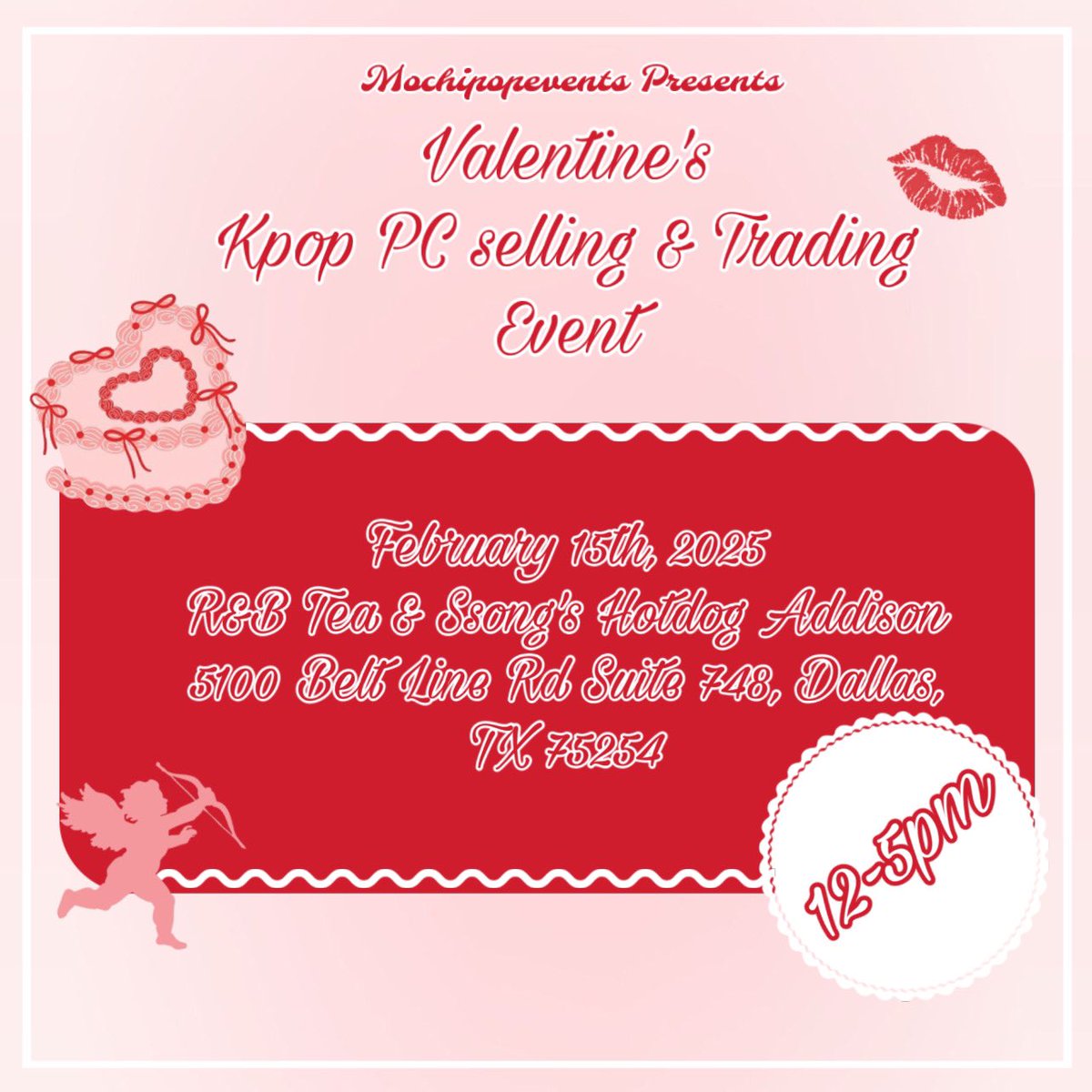 mochipopevents's tweet photo. ❣️💌💋🤍 Valentines 🤍💋💌❣️
Celebrate lovers Day with us
Kpop PC Selling/Trading event

🤍Presented By: @mochipopevents @SanniesLovely 

🗓 Saturday February 15th, 2025
📍 R&amp;B Tea &amp; Ssong’s Hotdog Addison 
⏰ 12:00pm - 5:00pm
🗺 5100 Belt Line Rd St 748, Dallas, TX 75254 https://t.co/nFBfwMzQxP