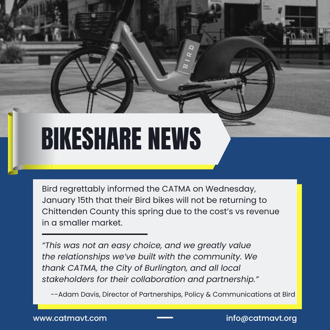 We are very sad to inform everyone that Bird is pulling out of it's bikeshare agreement with CATMA. 

Read more at the link: catmavt.org/news/the-bird-…