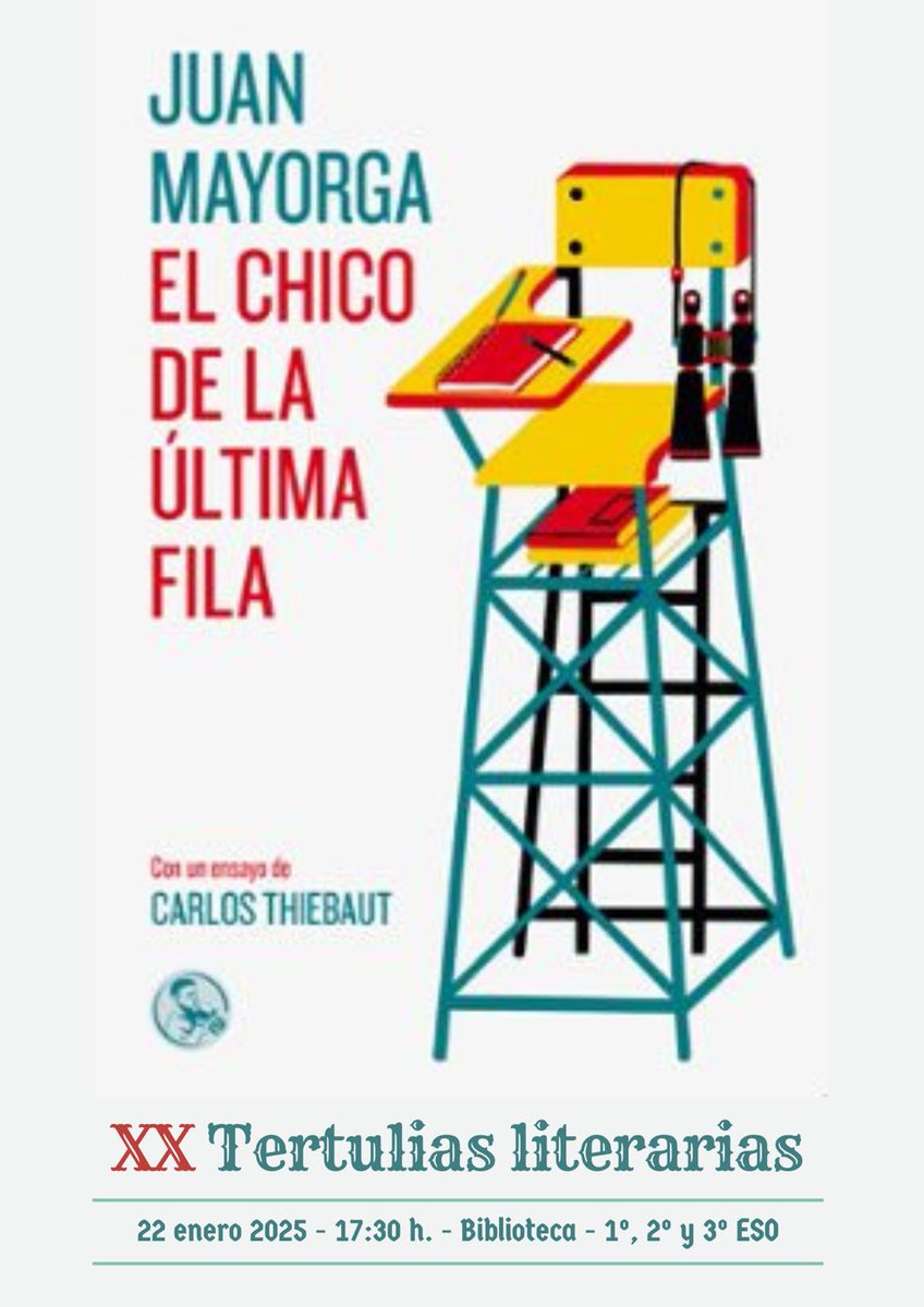 Y otro recordatorio para la tertulia literaria de mañana a las 17:30. Esta vez los invitados son los alumnos  de 3°, 1° y 2° de ESO, más, por supuesto,todo aquel que se anime de nuestra Comunidad Educativa 😀