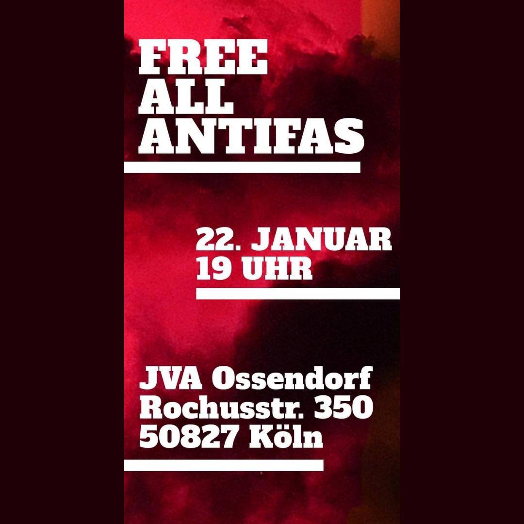 Am Montag haben sich einige der bisher nicht auffindbaren Beschuldigten aus dem Budapest-Komplex an verschiedenen Orten in Deutschland den Strafverfolgungsbehörden gestellt. Einer der Beschuldigten, Zaid, befindet sich aktuell in der JVA Köln-Ossendorf.  Für #FreeAllAntifas 1/7