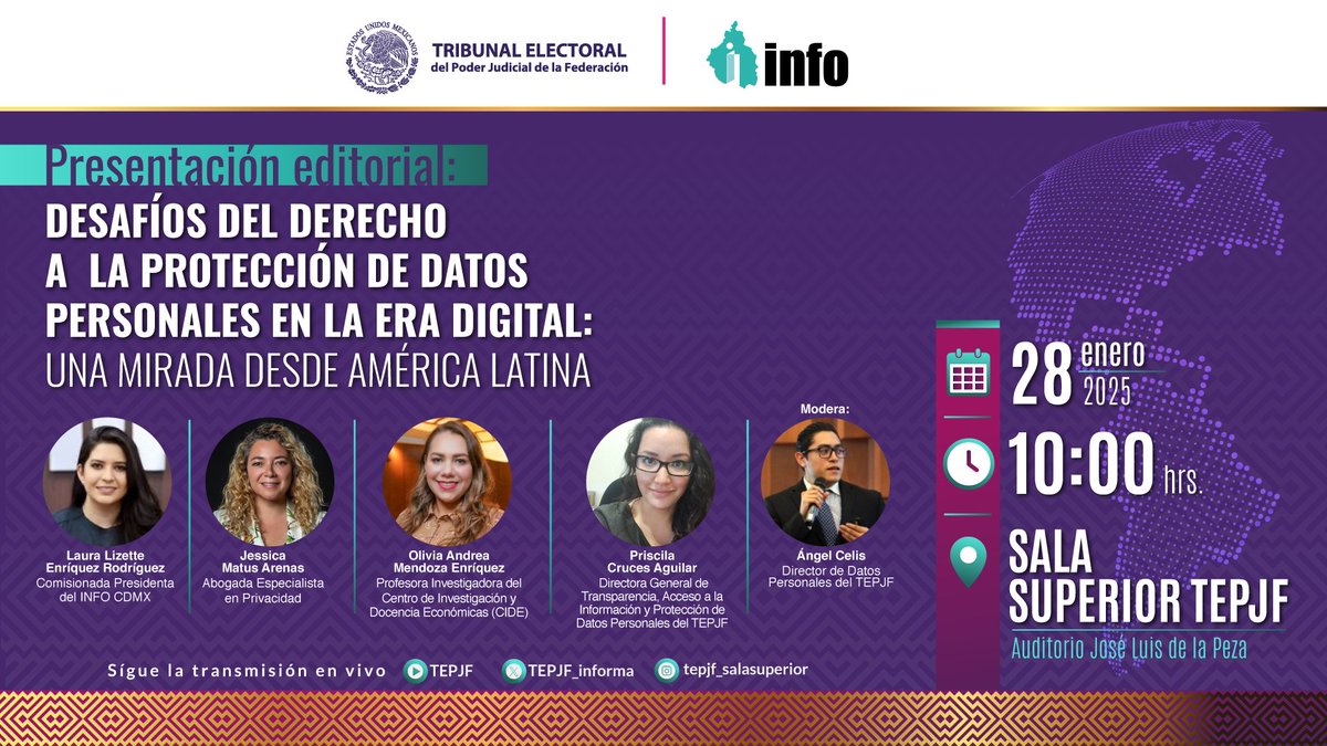 #ApartaLaFecha📌| Que ya viene la presentación editorial: Desafíos del Derecho a la Protección de Datos Personales en la #EraDigital: Una mirada desde América Latina
🗓28 enero
🕙10:00 h
📍Auditorio José Luis de la Peza, <a href="/TEPJF_informa/">Tribunal Electoral del PJF</a>