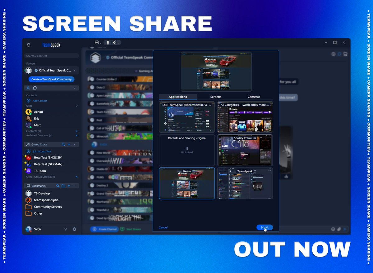 teamspeak's tweet image. IT&apos;S FINALLY HERE 😭

SCREEN SHARE IS OUT NOW 🗣️🗣️

DOWNLOAD: bit.ly/TS6Download