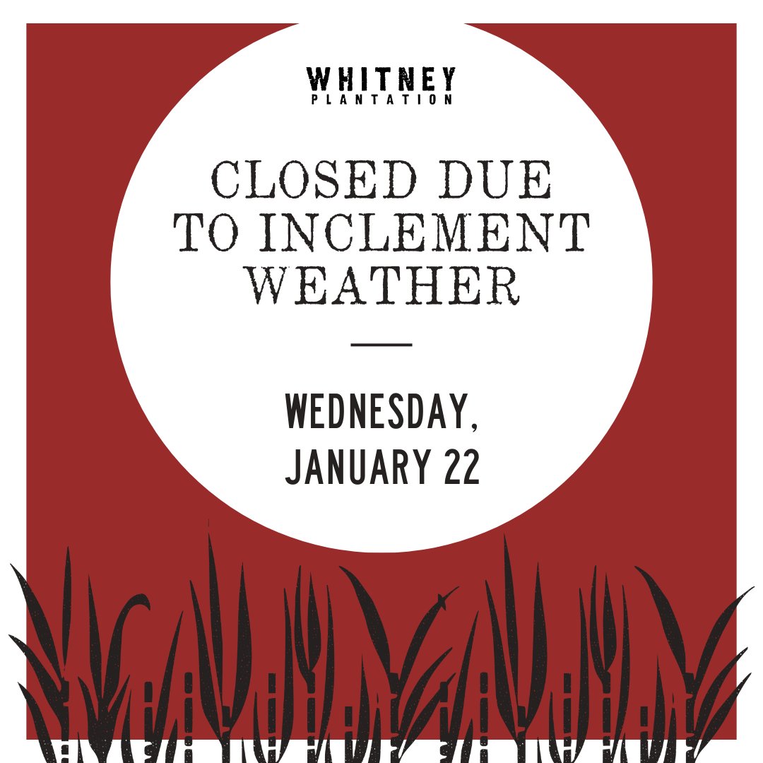 ❄️ Whitney Plantation will be closed on Wednesday, January 22 due to inclement weather.

We are actively monitoring weather conditions and will provide an update on potential closures on additional days.

Stay safe and warm! We look forward to welcoming you back soon.