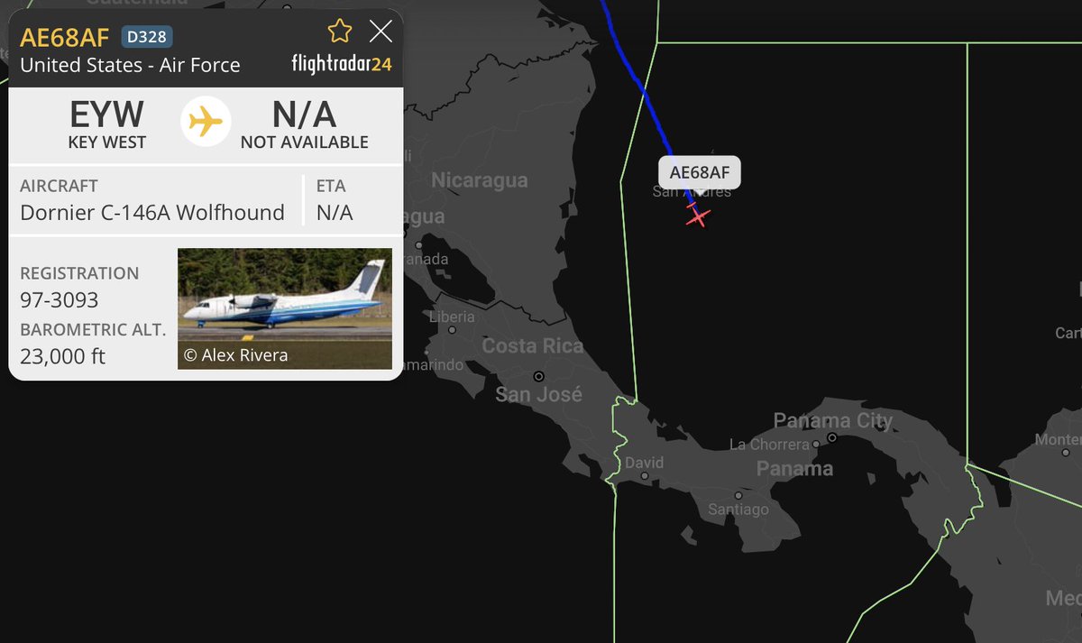 LatAmMilMVMTs's tweet photo. MAGMA88 out of Key West (KEYW) πΊπΈ headed to Balboa (BLB/MPPA) π΅π¦.
MAGMA88 | 97-3093 | C-146A | #AE68AF | USAF https://t.co/t3huRhJMWc