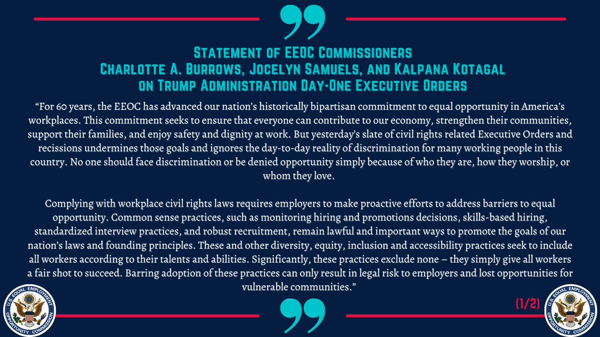 KotagalEEOC's tweet photo. Statement of @USEEOC Commissioners @BurrowsCA @JSamuelsEEOC and Kotagal on Day-One Executive Orders https://t.co/ff1Y0pCk8j