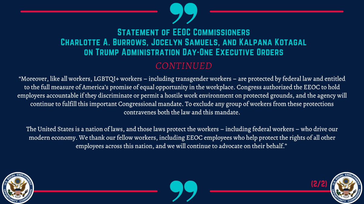 KotagalEEOC's tweet photo. Statement of @USEEOC Commissioners @BurrowsCA @JSamuelsEEOC and Kotagal on Day-One Executive Orders https://t.co/ff1Y0pCk8j