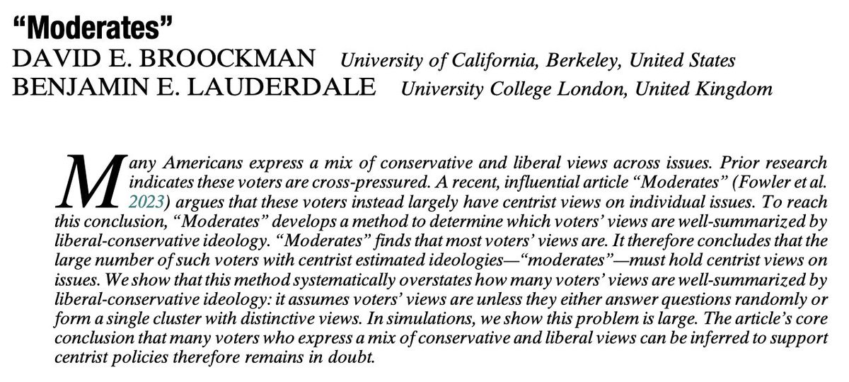 Just published on APSR First View: ""Moderates"" by David Broockman and Benjamin Lauderdale. cambridge.org/core/journals/…