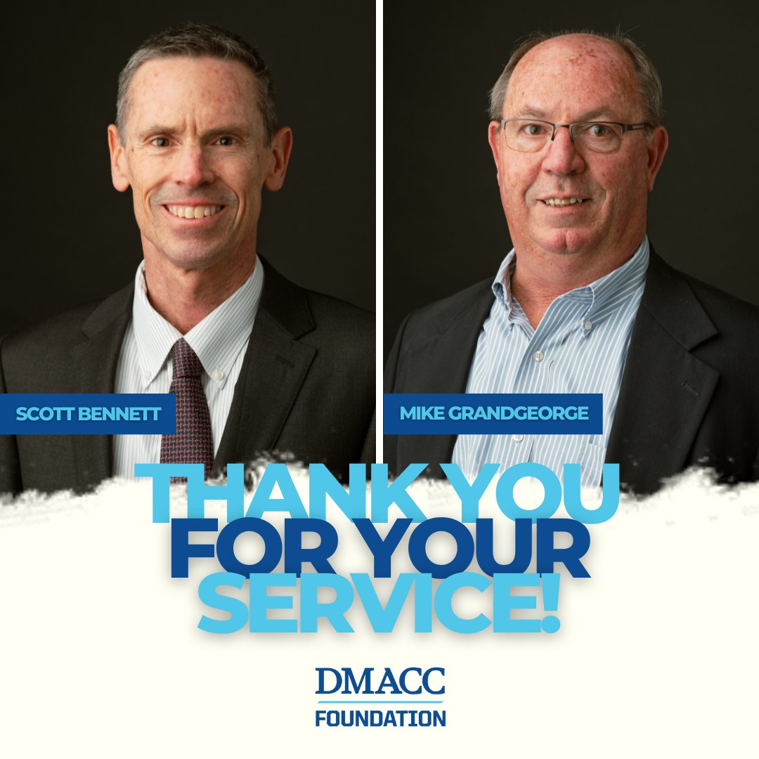 DMACCFoundation's tweet photo. Our Board recently recognized two members as they completed their service.

Scott Bennett played a critical role as President of our Board the last two years, and Mike Grandgeorge contributed an extraordinary 34 years of service to the Foundation.

A HUGE THANK YOU to both! https://t.co/t276O4hZFz