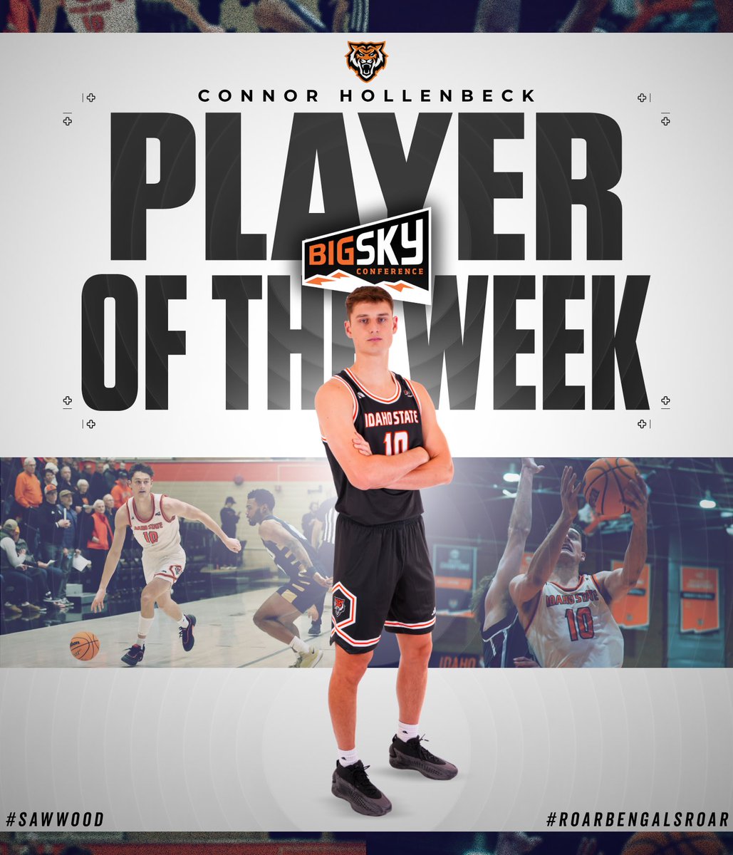 Idaho State Men's Basketball (@idahostatembb) on Twitter photo Averaged 18.5 points, 5.5 rebounds, and 3.5 assists per game to go along with the Montana’s sweep for Big Sky Player of the Week honors 🏅
Congratulations <a href="/ConnorHollenbe5/">Connor Hollenbeck</a> 👏👏
#SawWood // #RoarBengalsRoar Averaged 18.5 points, 5.5 rebounds, and 3.5 assists per game to go along with the Montana’s sweep for Big Sky Player of the Week honors 🏅
Congratulations <a href="/ConnorHollenbe5/">Connor Hollenbeck</a> 👏👏
#SawWood // #RoarBengalsRoar