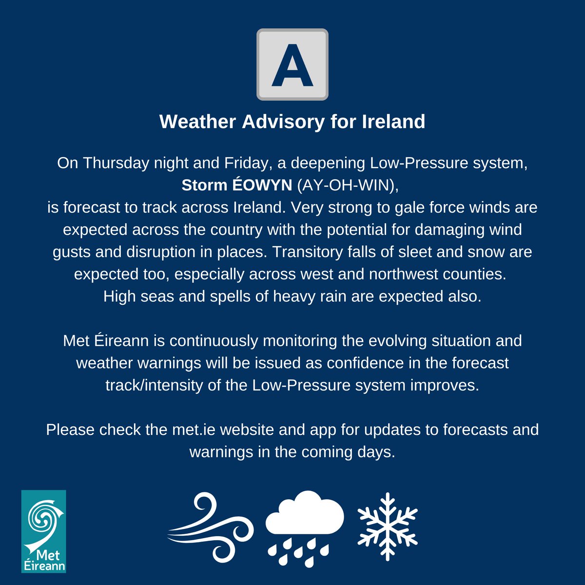 Weather advisory for Ireland. Details below⤵️

#StormÉowyn has been named by the UK met office.

Keep up to date with forecasts and warnings on met.ie and our Mobile App.