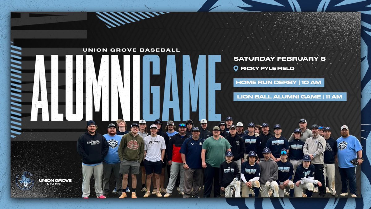 6TH ANNUAL UNION GROVE BASEBALL
LION BALL ALUMNI GAME &amp; HOMERUN DERBY!

For more information contact:
Coach Halcumb at halcumbc@ugisd.

<a href="/Grove_Baseball/">Union Grove Baseball</a> <a href="/CoachHalcumb/">Chad Halcumb</a> 
#PTP | #GROVEGRIT