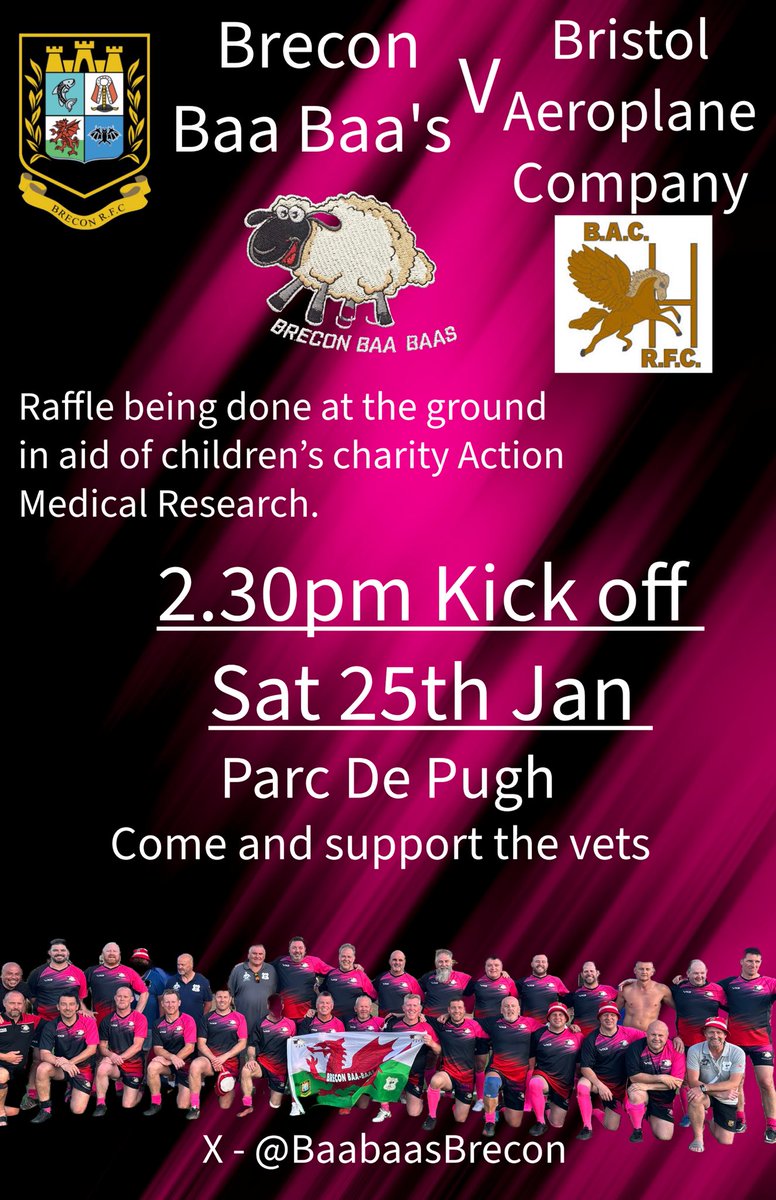 This Saturday Brecon Veterans welcome Bristol Aeroplane Company vets to Parc de Pugh for a contact game. Come on down and support the Baa Baa’s.