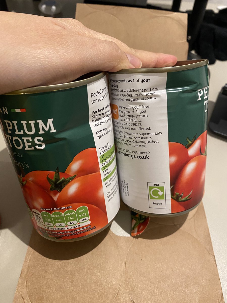 t_aerin's tweet photo. @sainsburys hi, i’ve made an online delivery service from Sainsbury. I bought a pack of canned tomato and when i opened it, the can was dented. Is it possible that i can ask for a refund? thanks! https://t.co/QCJBnwzdd6