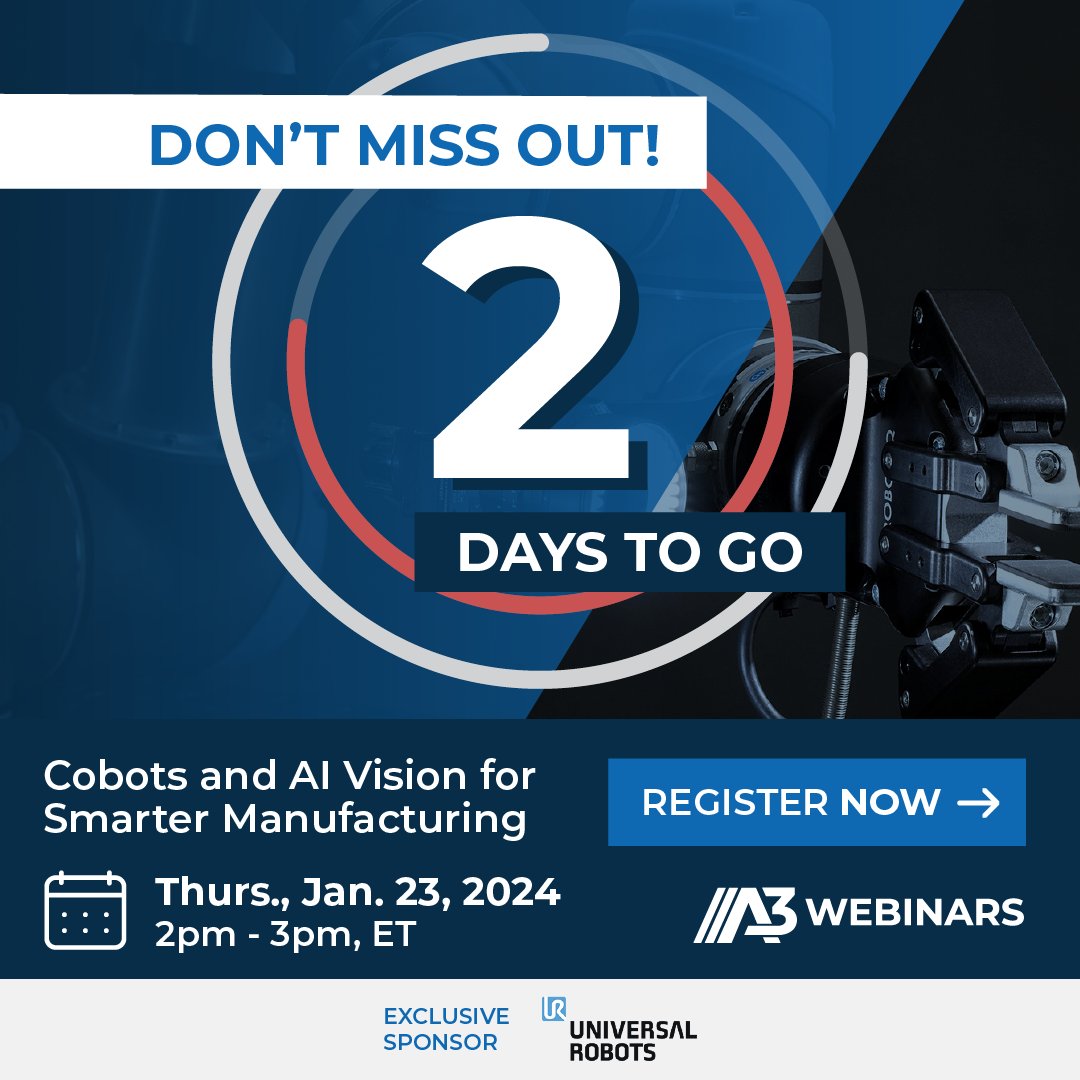 A3 Artificial Intelligence (@ai_a3automate) on Twitter photo Thursday (Jan. 23) ⭐️ Learn about successful integration of cobots and AI vision systems in this #A3Webinar. Michael DeGrace of <a href="/Universal_Robot/">Universal Robots</a> & Jessica Yen of <a href="/micropsi/">Micropsi Industries</a> share strategies to achieve operational efficiency and measurable ROI. Exclusively sponsored by Universal Thursday (Jan. 23) ⭐️ Learn about successful integration of cobots and AI vision systems in this #A3Webinar. Michael DeGrace of <a href="/Universal_Robot/">Universal Robots</a> & Jessica Yen of <a href="/micropsi/">Micropsi Industries</a> share strategies to achieve operational efficiency and measurable ROI. Exclusively sponsored by Universal