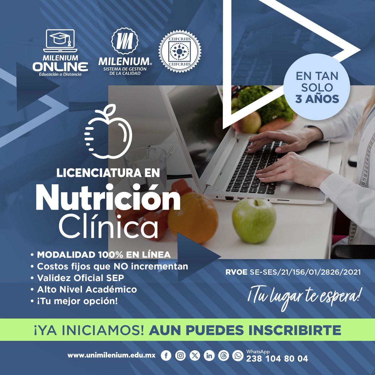 unimilenium's tweet photo. 🔵 LICENCIATURA EN NUTRICIÓN CLÍNICA 🍎🥗👩‍⚕️⚕️

🟣 ¡MODALIDAD SABATINA ONLINE!

Sé un Profesional del área de la salud capaz de evaluar y dar atención nutriológica a individuos sanos, en riesgo o enfermos.

#Puebla #Oaxaca #Veracruz
#Tehuacán #Orizaba #Huajuapan
#NutrciónClínica https://t.co/3hDRyJJIPB