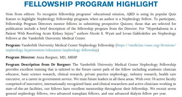 AJKD (@ajkdonline) on Twitter photo This month's Fellowship Program Highlight:
Authors Nicole E. Wyatt and Levan Gakhokidze are Nephrology Fellows at @VUMCKidney under Program Director <a href="/anna_burgner/">Anna Burgner MD MEHP</a>.
Thank you for submitting this #Quiz!
bit.ly/Wyatt25Quiz (FREE) This month's Fellowship Program Highlight:
Authors Nicole E. Wyatt and Levan Gakhokidze are Nephrology Fellows at @VUMCKidney under Program Director <a href="/anna_burgner/">Anna Burgner MD MEHP</a>.
Thank you for submitting this #Quiz!
bit.ly/Wyatt25Quiz (FREE)