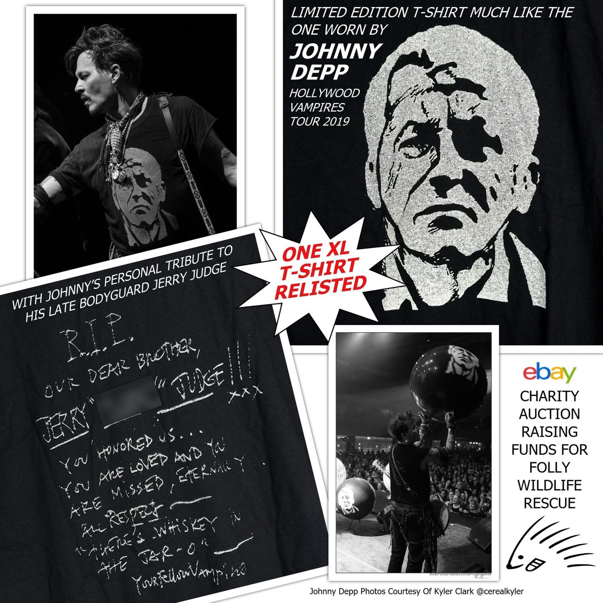 FollyWildlife's tweet photo. ** ONE XL T-SHIRT RELISTED DUE TO WINNING BIDDER WINNING MORE THAN ONE AUCTION **
** LIMITED EDITION JERRY JUDGE T-SHIRT **
Much Like The One Worn By Johnny Depp On The Hollywood Vampires 2019 Tour ** Auction Runs From 21st - 26th January **
Johnny Depp’s team kindly donated 9 Jerry Judge T-Shirts to help raise funds for Folly which were auctioned in November 2024. The front of the T-Shirts feature a striking design by #jasonforman. On the back, a tribute to #jerryjudge, the late bodyguard of #JohnnyDepp. Only 200 shirts were printed and distributed amongst #hollywoodvampires crew, band members, friends and family during their 2019 tour.
The relisted T-Shirt #auction, which is the last one available, is on Folly's #charity #eBay page :
https://t.co/MYotQTt9w0
All proceeds from the T-Shirt go 100% towards helping UK #wildlife in need.
Johnny Depp photos courtesy of Kyler Clark @CerealKyler Photography
#JohnnyDepp @in2_film