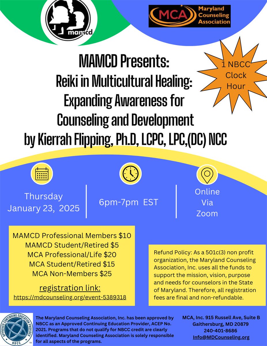 md_counseling's tweet photo. 🌟 Upcoming Event! 🌟
Reiki in Multicultural Healing
🗓 Jan 23, 2025 | ⏰ 6-7 PM EST
💻 Online via Zoom | 🎓 1 NBCC Clock Hour
🎤 Kierrah Flipping, Ph.D., LCPC
💰 Register: https://t.co/gzsV0OChPF
#Counseling #Reiki #ProfessionalDevelopment #MentalHealth https://t.co/XaEh814xM7