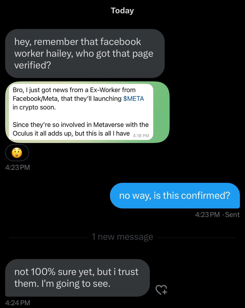 Allegedly, Facebook(Meta) will be launching $META soon.

I had early contract address on $TRUMP four hours before it did a 468x, I’ll make sure to post this one too.

I will make my followers rich. 

Turn Noti’s On 🔔