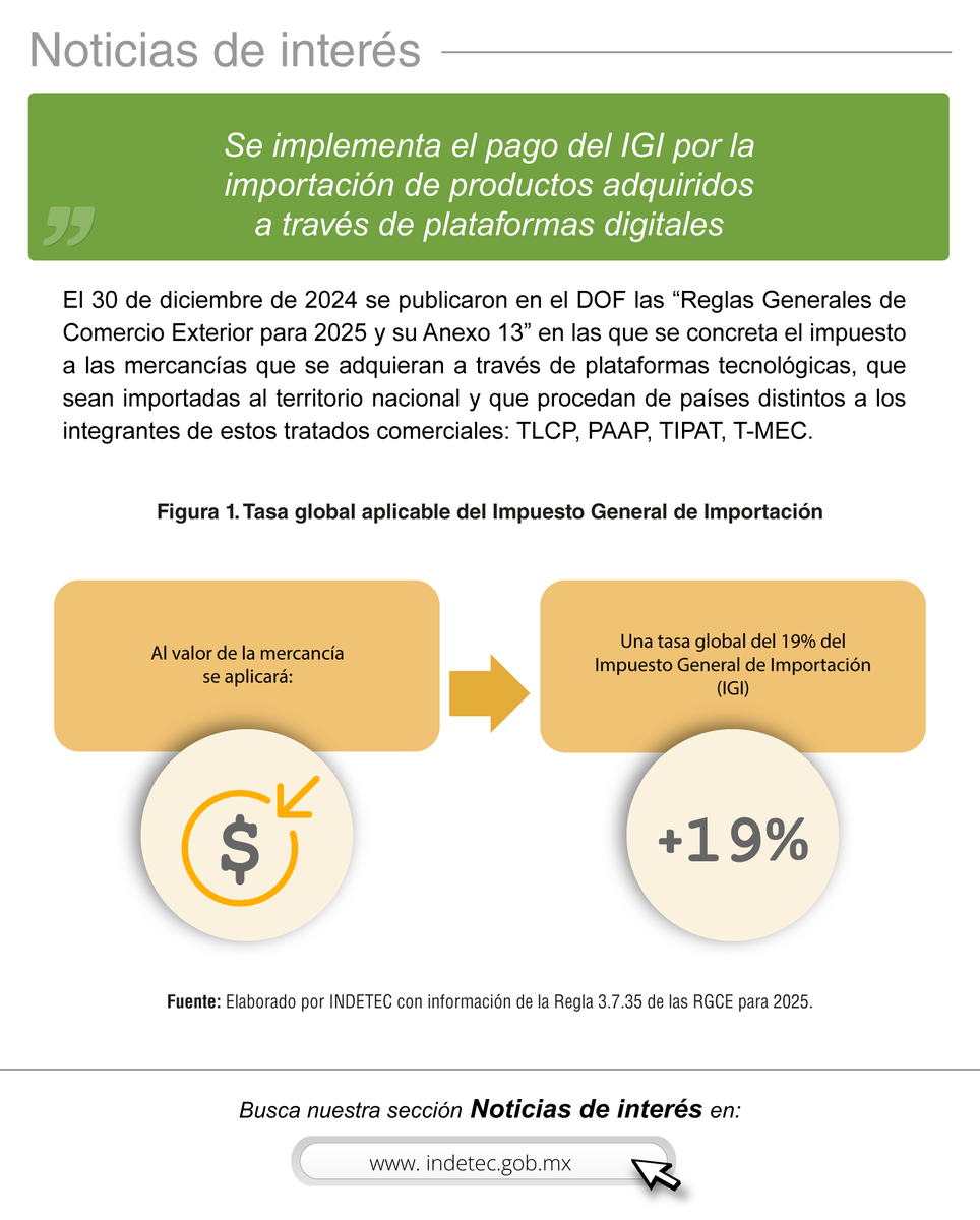 INDETEC_mx's tweet photo. Conoce los requisitos establecidos en la Regla 3.7.35 de las RGCE para 2025 en la siguiente nota: https://t.co/6Fvhxw4SZh
#indetec #notadeinterés #RGCE #IGI #plataformasdigitales https://t.co/lAnhXLWrQI