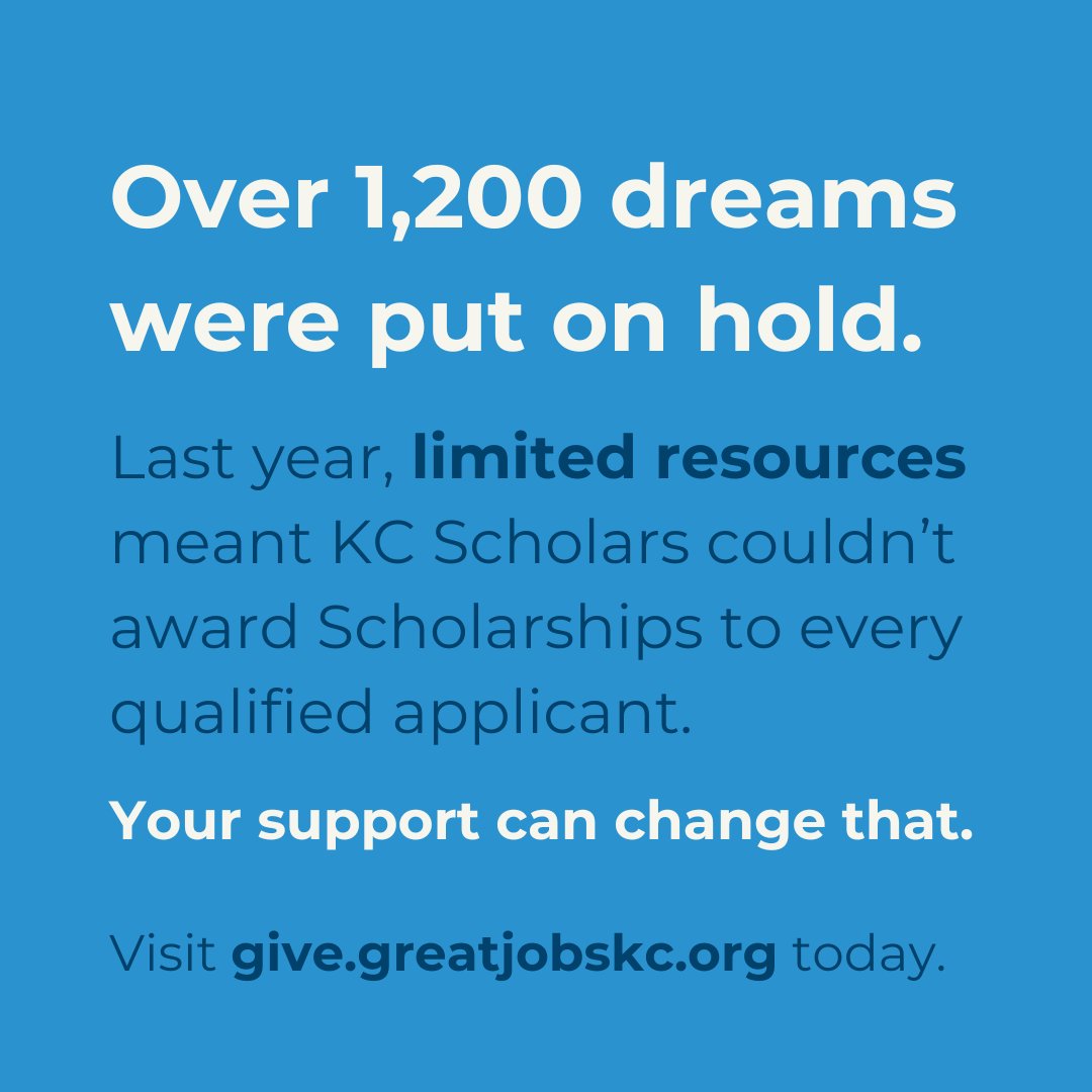 GreatJobsKC (@kcscholars) on Twitter photo Last year, 2,500 applied for KC Scholars scholarships—1,200 couldn’t be awarded due to limited resources.
💛 Help us do more: give.greatjobskc.org/give/468556
#SupportKC #GreatJobsKC #KCScholars Last year, 2,500 applied for KC Scholars scholarships—1,200 couldn’t be awarded due to limited resources.
💛 Help us do more: give.greatjobskc.org/give/468556
#SupportKC #GreatJobsKC #KCScholars