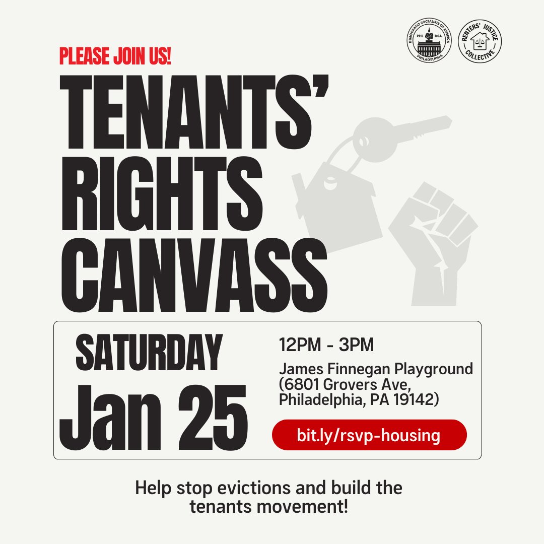 PhillyDSA's tweet image. This Saturday, join us for a canvass as we build neighborhood power in Southwest Philly!

Whether you’re a veteran at the doors or this is your first time, we’re looking for anyone who's passionate about organizing tenants for fair housing!

RSVP at: bit.ly/rsvp-housing