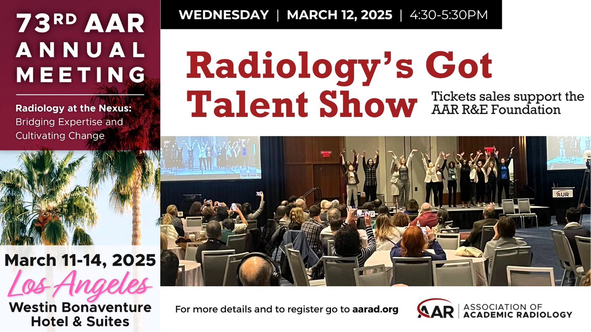 aaradiol's tweet photo. 🎭 Lights, Camera, Talent!
Join us at #AAR25 for an unforgettable Talent Show showcasing the incredible hidden skills of your peers! 🎤🎹
🎟️ Purchase your tickets when you register at https://t.co/kH75akttPX
#AARad #radiology #RadEd #MedEd #BeyondTheScan #TalentShowcase https://t.co/WjmHS3puaC