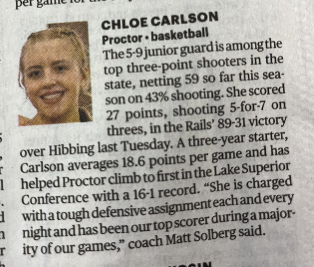 MN Star Tribune player of the week!  Chloe Carlson!