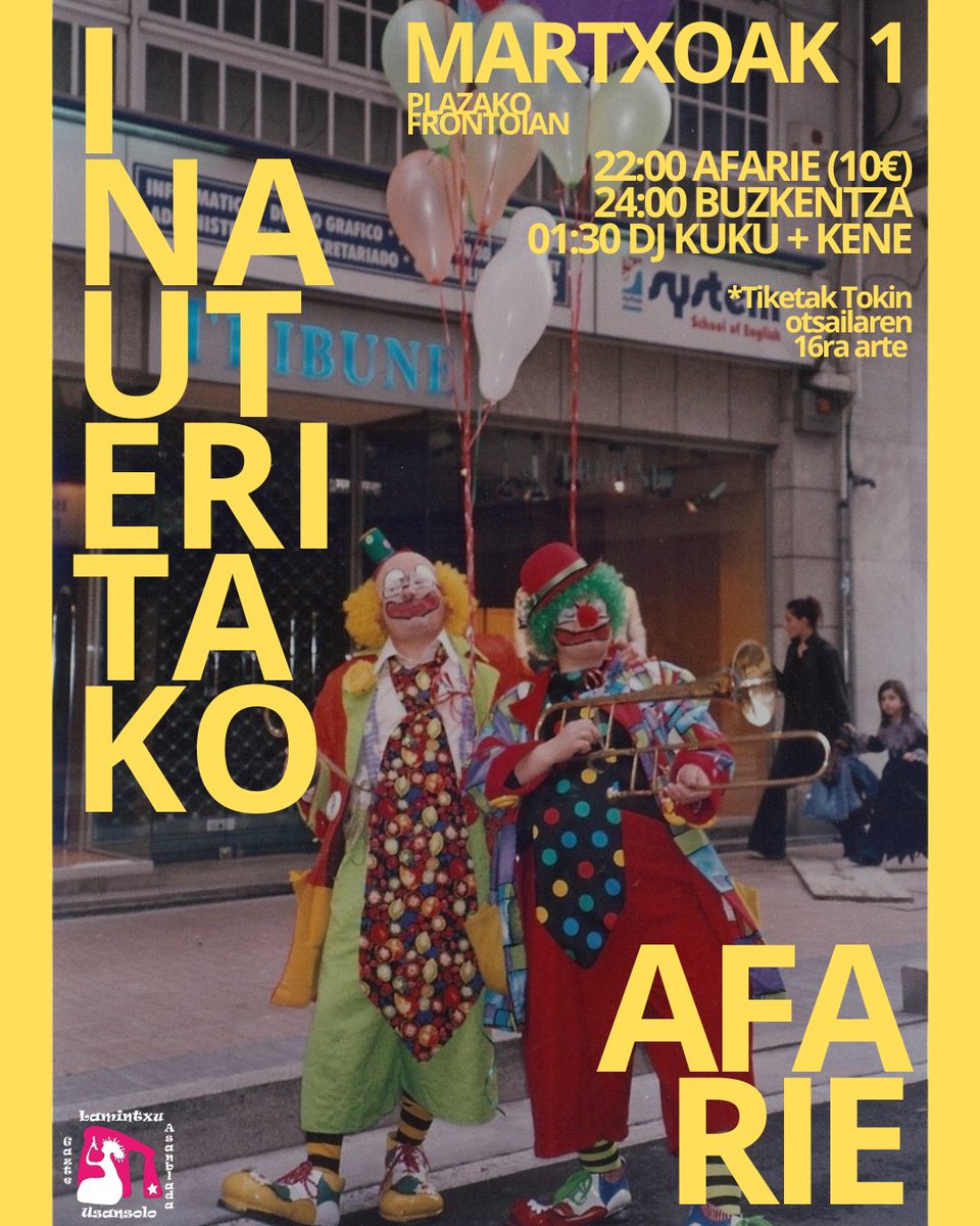 Aupa Usansolo🙋‍♀️ Aurten inauteritako afarie dekogu!!
Martxoaren 1ean plazako frontoian.
Menua: Solomoa + Postrea + Kopa (10€) /menu vegeta eta zeliakoa aukeran.
Tiketak otsailaren 16ra arte Toki Tabernan.
MOZORROTUTA ETORRI!!!🔥🔥