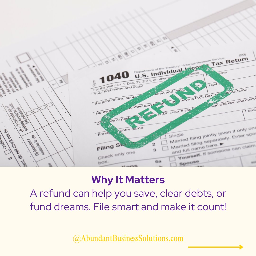 AbundantConsult's tweet image. It’s not just about getting money back—it’s about making it work for YOU! 🤑 File smart, claim those deductions, and let your refund help you save, invest, or achieve your goals. Ready to take control? Let’s do this! ✅

#TaxRefund #SmartFiling #FinancialGoals #TaxSeason