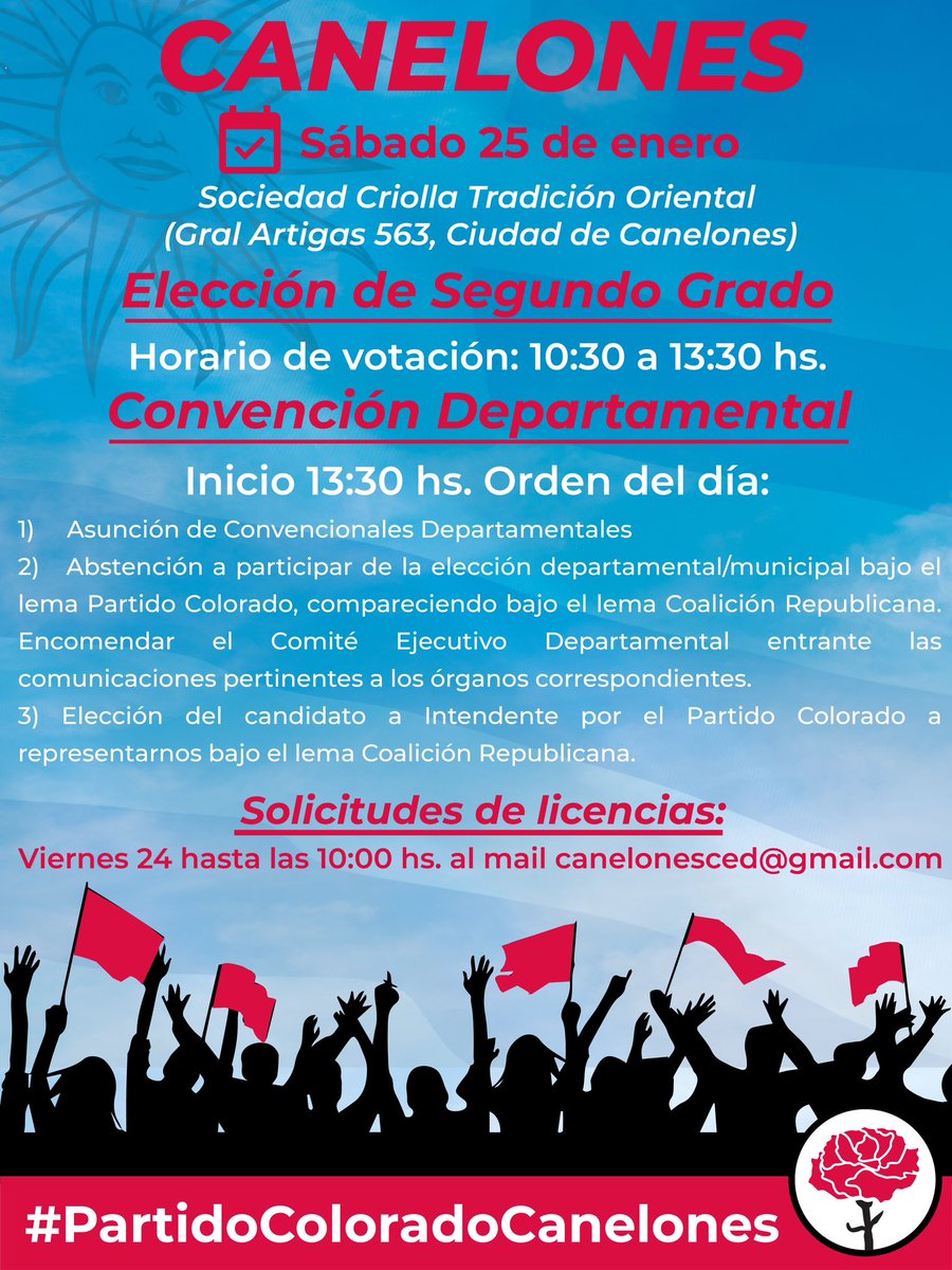 CedCanelones's tweet photo. 🚩Se viene la Convención Departamental del Partido Colorado de Canelones y la elección de segundo grado. La misma se llevará a cabo este sábado 25 de enero 

Licencias hasta las 10:00 horas del viernes 24 de enero al correo: canelonesced@gmail.com https://t.co/LSiPqPMBcz
