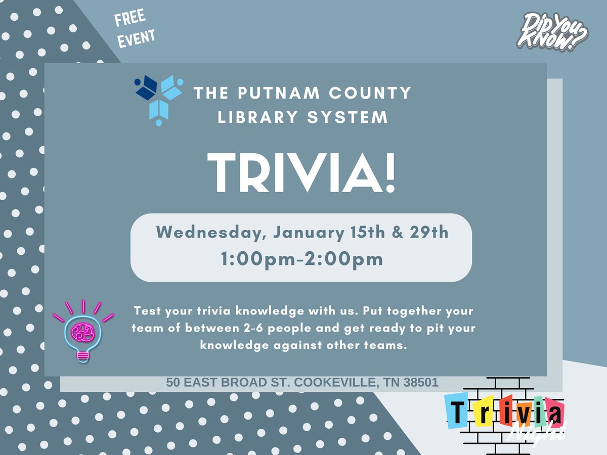 PutnamLibraryTN's tweet photo. Come to the Cookeville Library Wednesday, January 29th at 1:00pm for our Trivia Hour event! Bring some friends and test your knowledge. The winner will receive a prize.
#LibraryTrivia #visitcookeville #MostImportantPlaceInTown https://t.co/1FJvloViZT