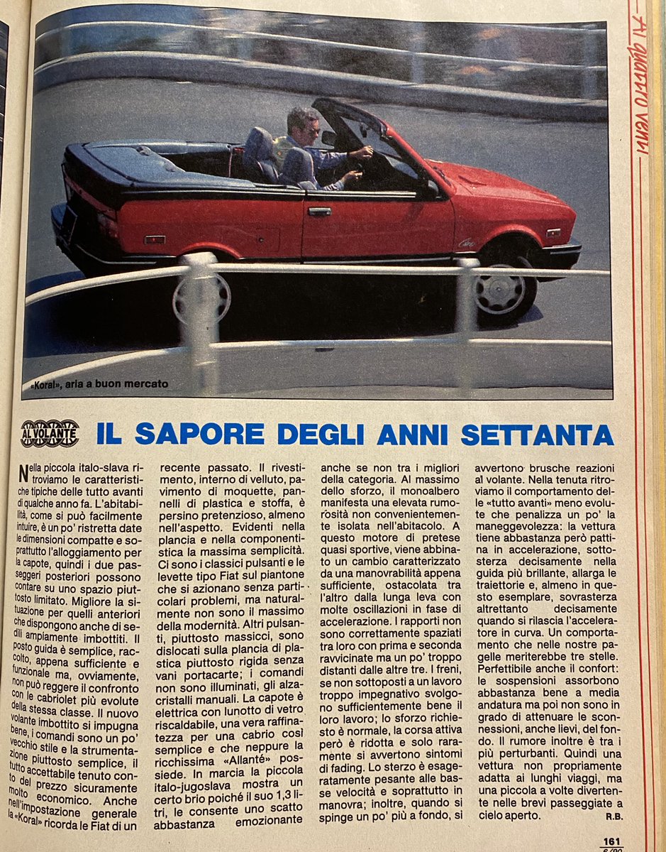 OttantaMagic's tweet image. Yugo cabrio for Italy. In 1990, June Italian car magazine introduced the Innocenti Koral Cabrio. Powdered by 1,3 litre OHC engine, it was planned to hit Italian market with a high value for money: just 10.000.000 Italian Lira. The Peugeot’s 205 1,1 CJ costed 17.149.000 LIT.