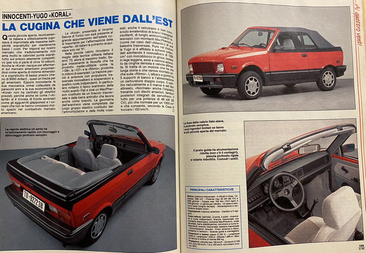 OttantaMagic's tweet image. Yugo cabrio for Italy. In 1990, June Italian car magazine introduced the Innocenti Koral Cabrio. Powdered by 1,3 litre OHC engine, it was planned to hit Italian market with a high value for money: just 10.000.000 Italian Lira. The Peugeot’s 205 1,1 CJ costed 17.149.000 LIT.