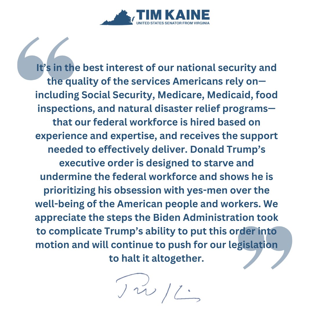 My statement with @markwarner on President Trump’s executive order to attack the federal workforce, including by weakening protections for federal workers that will make it easier to carry out politically-motivated mass firings and imposing a government hiring freeze: