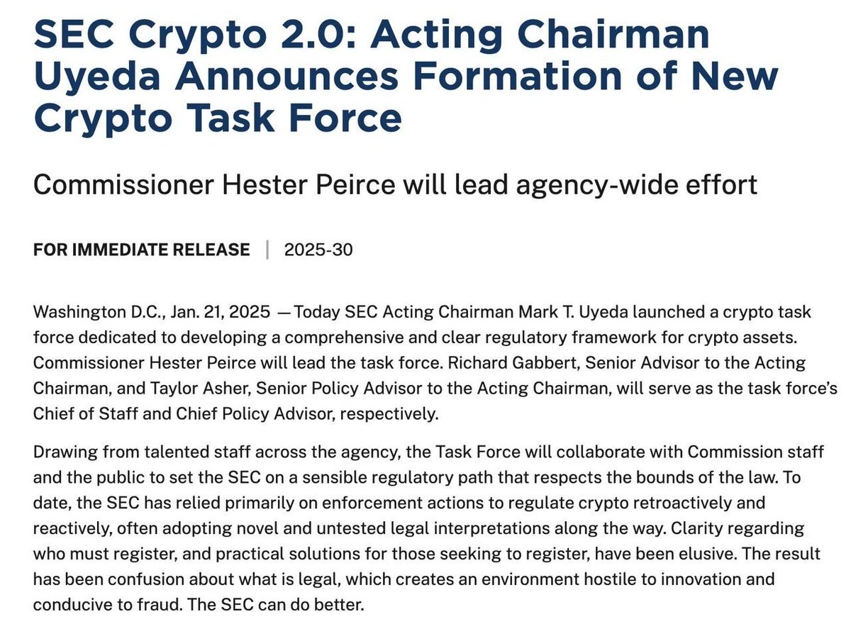 Chairman @RepFrenchHill: “I am pleased to see @SECgov form a crypto task  force. This is the first step in undoing the immense harm caused by former  Chair Gary Gensler and his regulation