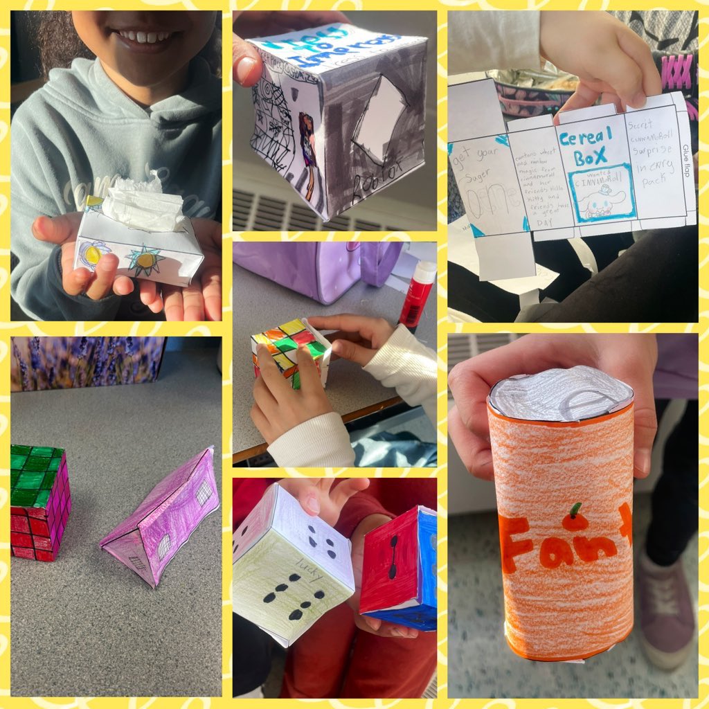 MsBirdOCSB's tweet photo. Way to go Grade 3s, you’re shape shifting stars🌟 Last week, students transformed 2D nets into real world 3D creations - tents, dice, tissue boxes, cereal boxes, pop cans, Rubik’s cubes, and more. Loved to see their creativity 👏🏻 https://t.co/zyGY42iDYO
