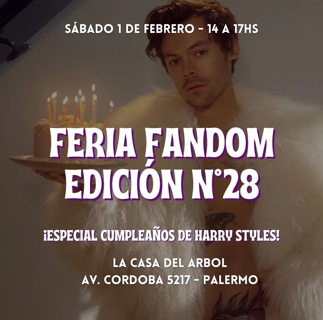 Nos unimos a <a href="/feriafandom/">Feria Fandom💜</a> para festejar el cumple de Harry 🎂✨️

¡Van a haber más de 30 emprendimientos! 💜

🗓️ ¿Cuando? Sábado 1 de febrero (en caso de lluvia no se suspende)
🕰️ ¿A qué hora? De 14 a 17 hs
📍¿Donde? La casa del árbol (Av Córdoba 5217-Palermo)

Los esperamos 🥳