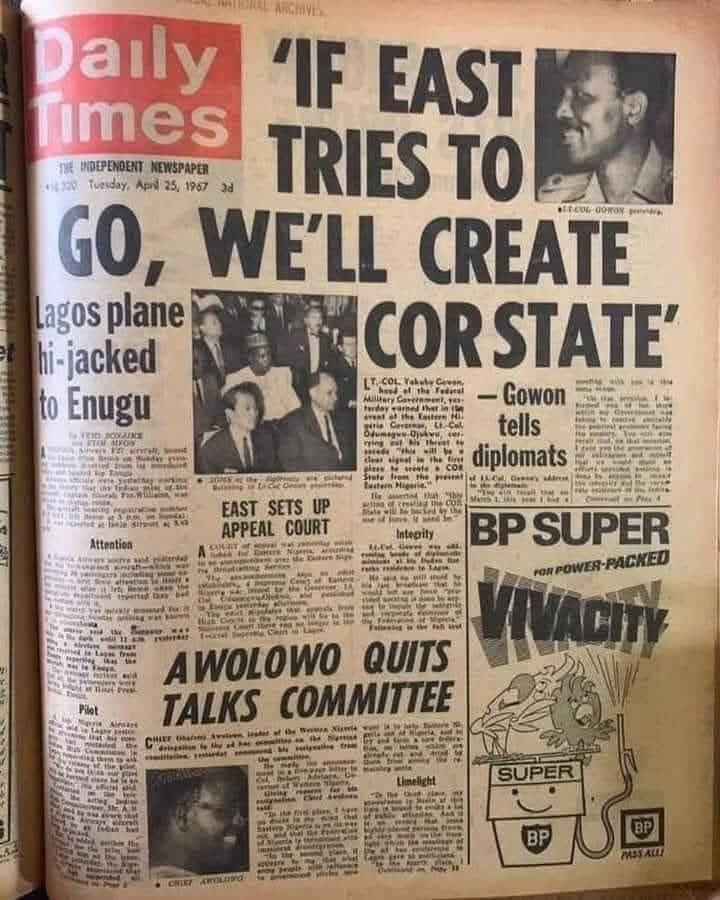 ChinasaNworu's tweet photo. I love History!

In a move to check the influence of Ojukwu's government in the East, Gowon announced on the 5th of May 1967 the division of the three Nigerian regions into 12 states: North-Western State, North-Eastern state, Kano State, North-Central State, Benue-Plateau State, Kwara State, Western State, Lagos State, Mid-Western State, and, from Ojukwu's Eastern Region, a Rivers State, a South-Eastern State, and an East-Central State.

The non-Igbo South-Eastern and Rivers states which had the oil reserves and access to the sea, were carved out to isolate the Igbo areas as East-Central state.
One controversial aspect of this move was Gowon's annexing of Port Harcourt, a large city in the Niger Delta, in the South of Nigeria (the Ikwerres and Ijaws), sitting on some of Nigeria's largest reserves, into the new Rivers State, emasculating the migrant Igbo population of traders there.

The flight of many of them back to their villages in the "Igbo heartland" in Eastern Nigeria where they felt safer was alleged to be a contradiction for Gowon's "no victor, no vanquished" policy, when at the end of the war, the properties they left behind were claimed by the Rivers State indigenes.

Culled From Enuani Cultural Forum 
@real_IpobDOS 
@radiobiafralive
