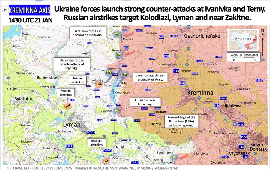 PeterClifford1's tweet photo. #Ukraine: 5. On #Kreminna front, #Donetsk region, UA launched counter-attacks at #Terny & #Ivanivka. RU airstrikes target #Kolodiazi, #Lyman & nr 
#Zakitne. UA drone flew 50km into #Zaporizhzhia region to strike a TOR M-2 air defence system nr #Tokmak. (Maps: @ChuckPfarrer & @Vijesti11111)