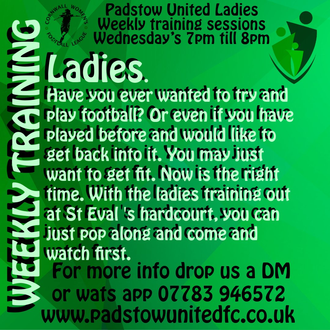 Wednesday night's 7pm till 8pm at St Eval Hardcourt.
Why not pop along to Padstow United Ladies training. While we are training on the hardcourt, Come and have a chat and meet the team. And see if you enjoy it without getting muddy.
<a href="/TheCWFL/">CWFL</a> <a href="/cornwallfa/">Cornwall FA</a> <a href="/SWWFN/">South West Women's Football News</a>