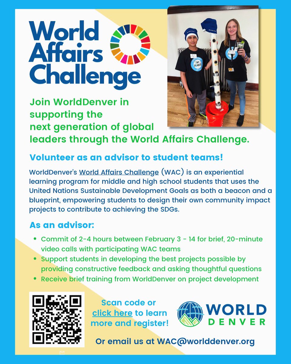 Hi everyone! 

World Denver is looking to to recruit some graduate student volunteers for a period of about 2 weeks(February 3-14) who are willing to meet with student teams for 20 minutes via video call to talk through their project ideas for the World Affairs Challenge.